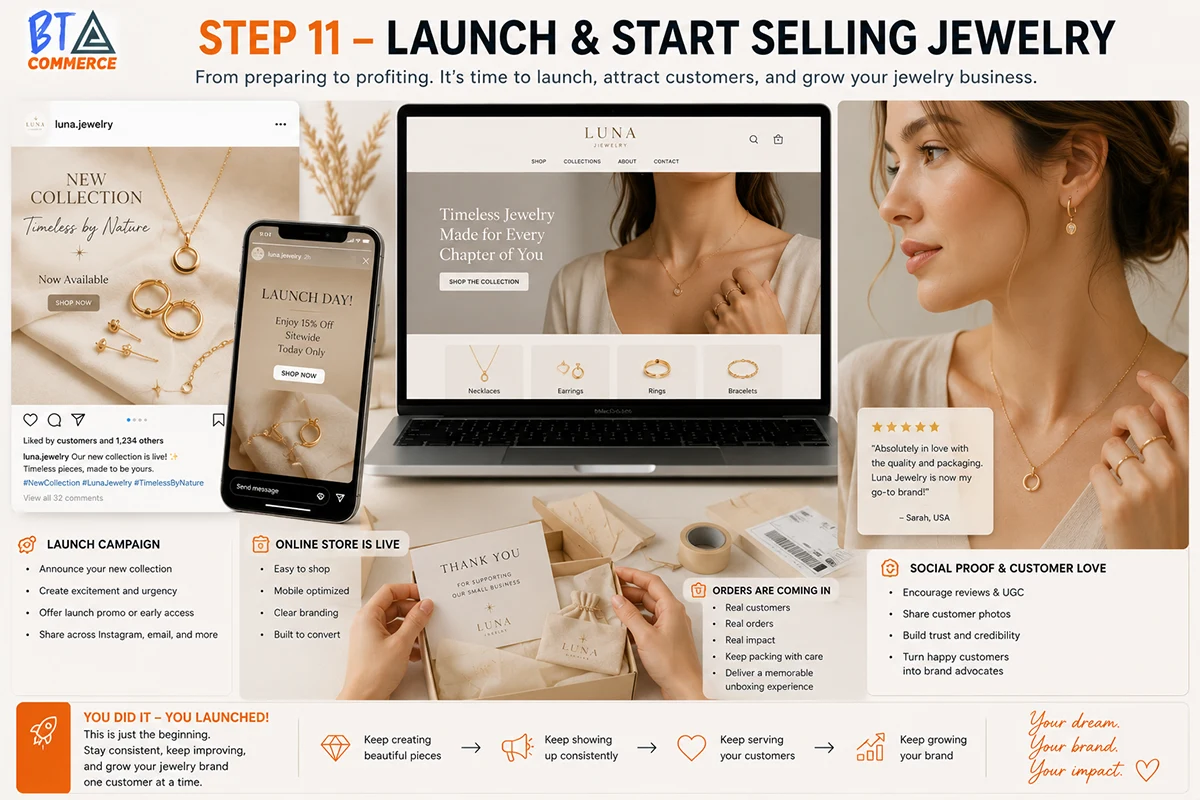 Jewelry business launch with online store and social sales