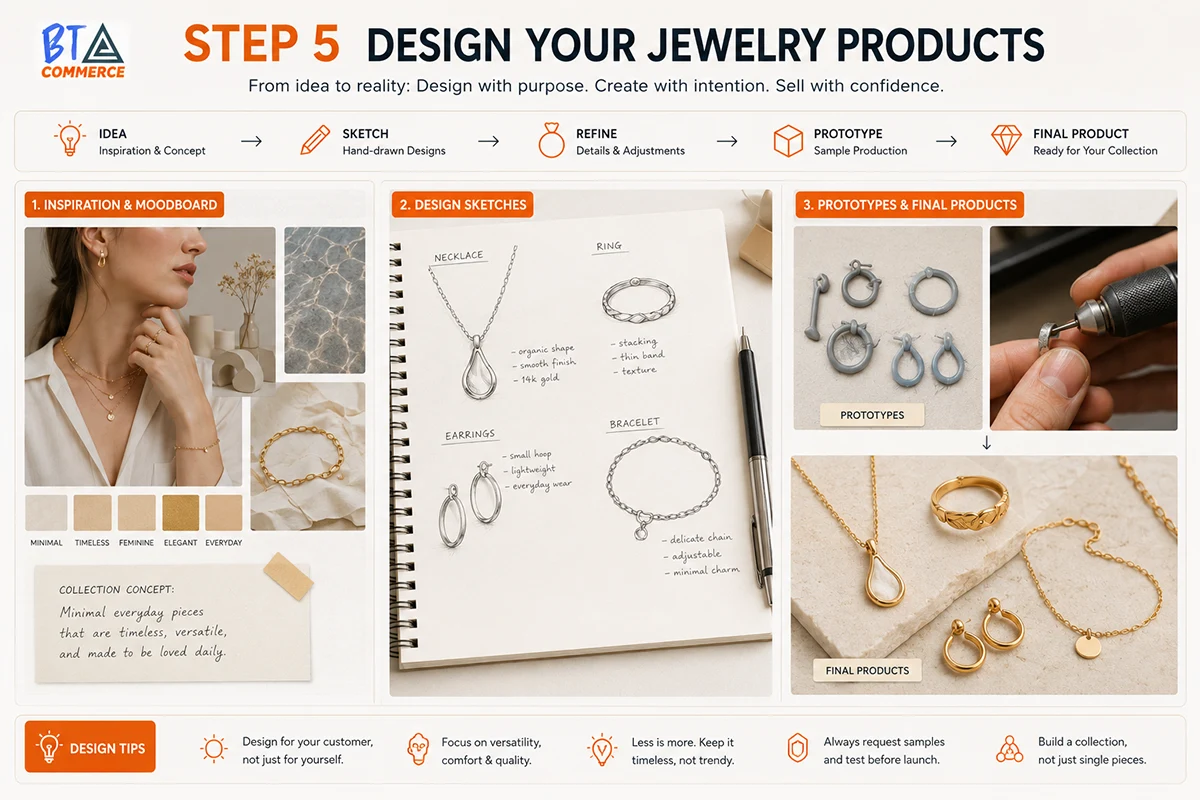 Jewelry design sketches and product prototype development