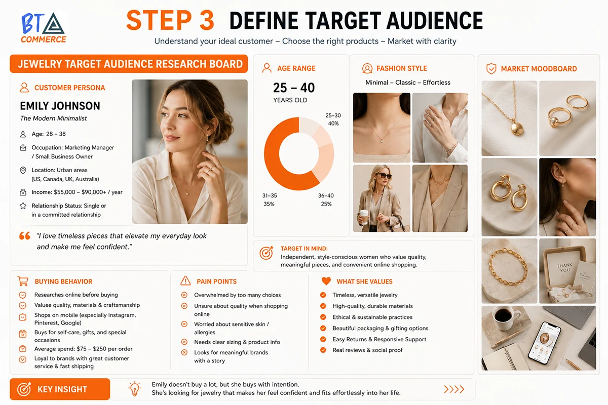 Jewelry customer persona and target audience research board