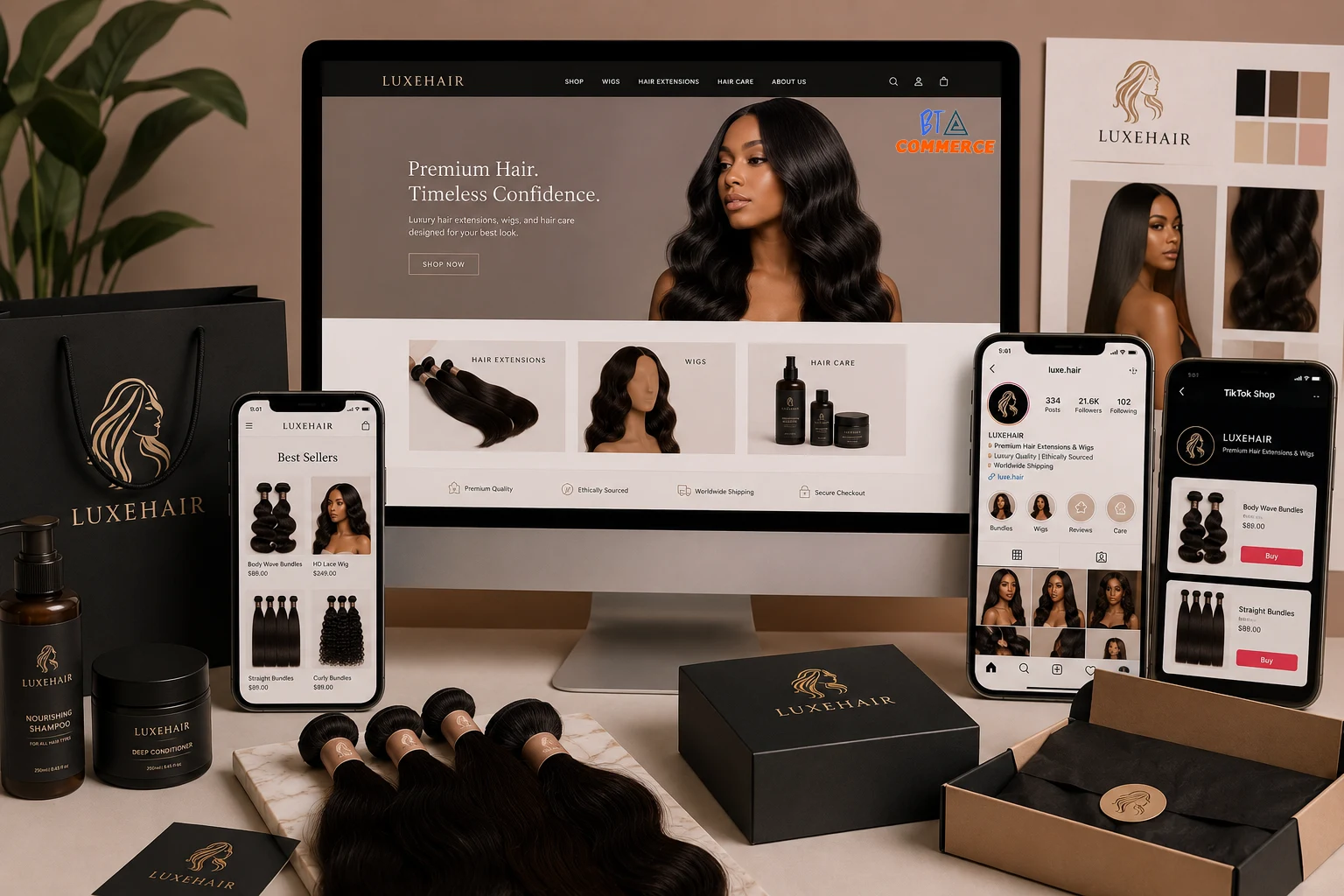 Hair brand ecommerce store with product packaging and branding