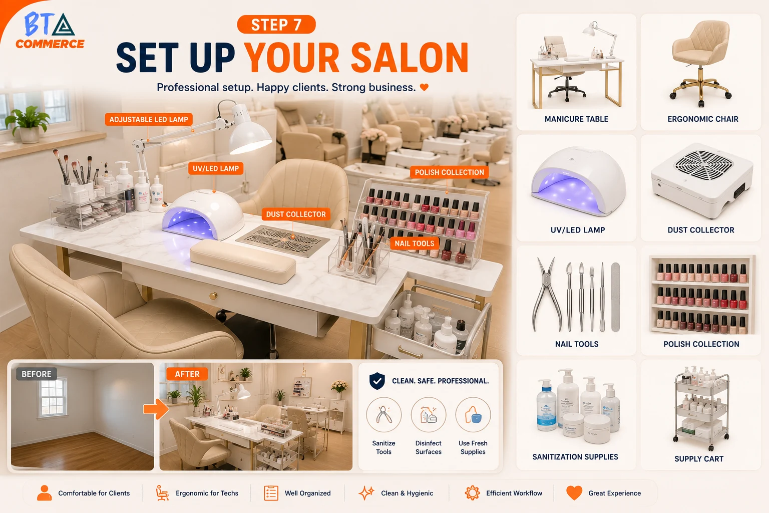 Professional nail salon setup with equipment and supplies